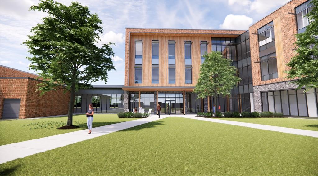 A rendering of the exterior of the upcoming C O M building on the Portl和 Campus